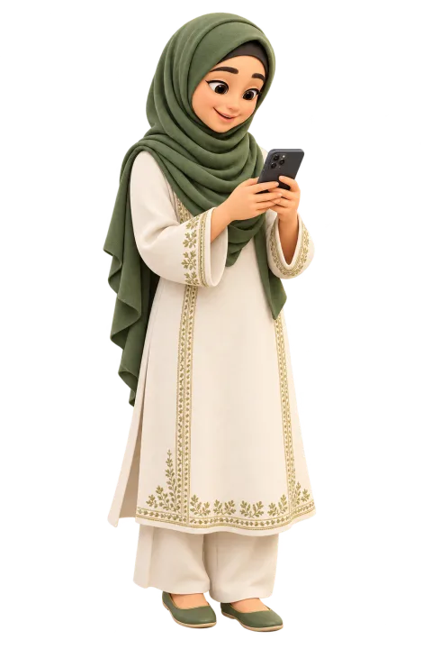 Illustration of a young woman in a green hijab smiling as she checks her circle on her phone